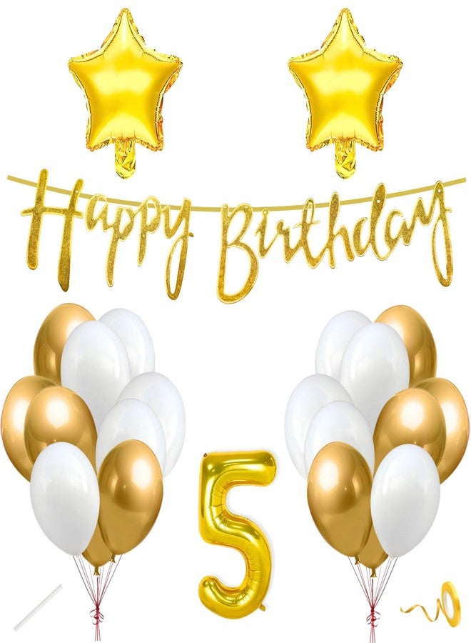 Flyloons 5th Happy Birthday Decoration Kit Gold White for Baby Boys Girls Kids Twins With 20 Pcs Chrome Balloons Birthday Banner 2 Pcs Star Items Set Golden - Image 1